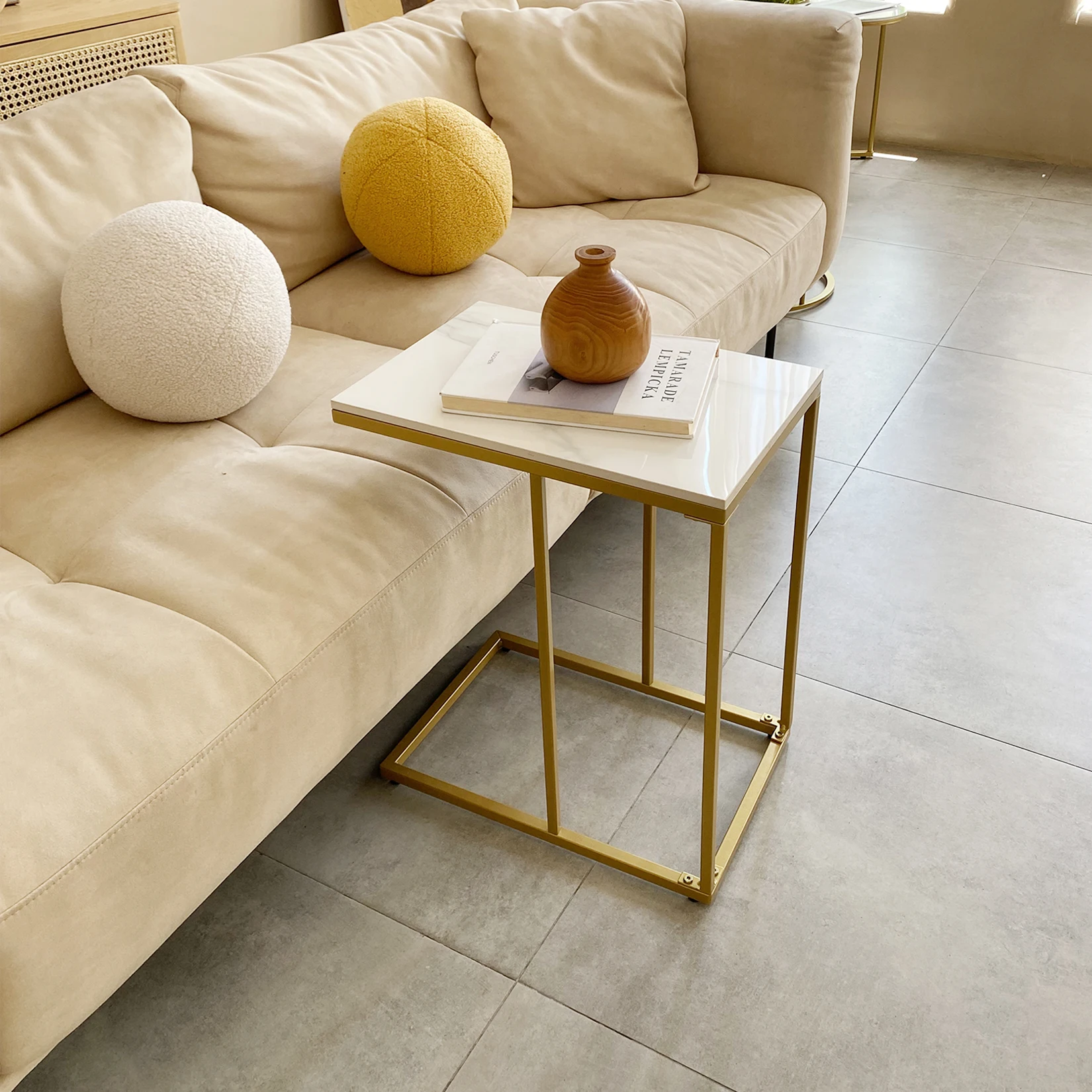 Desk Setup Minimalist - Marble Side End Table, C Shaped